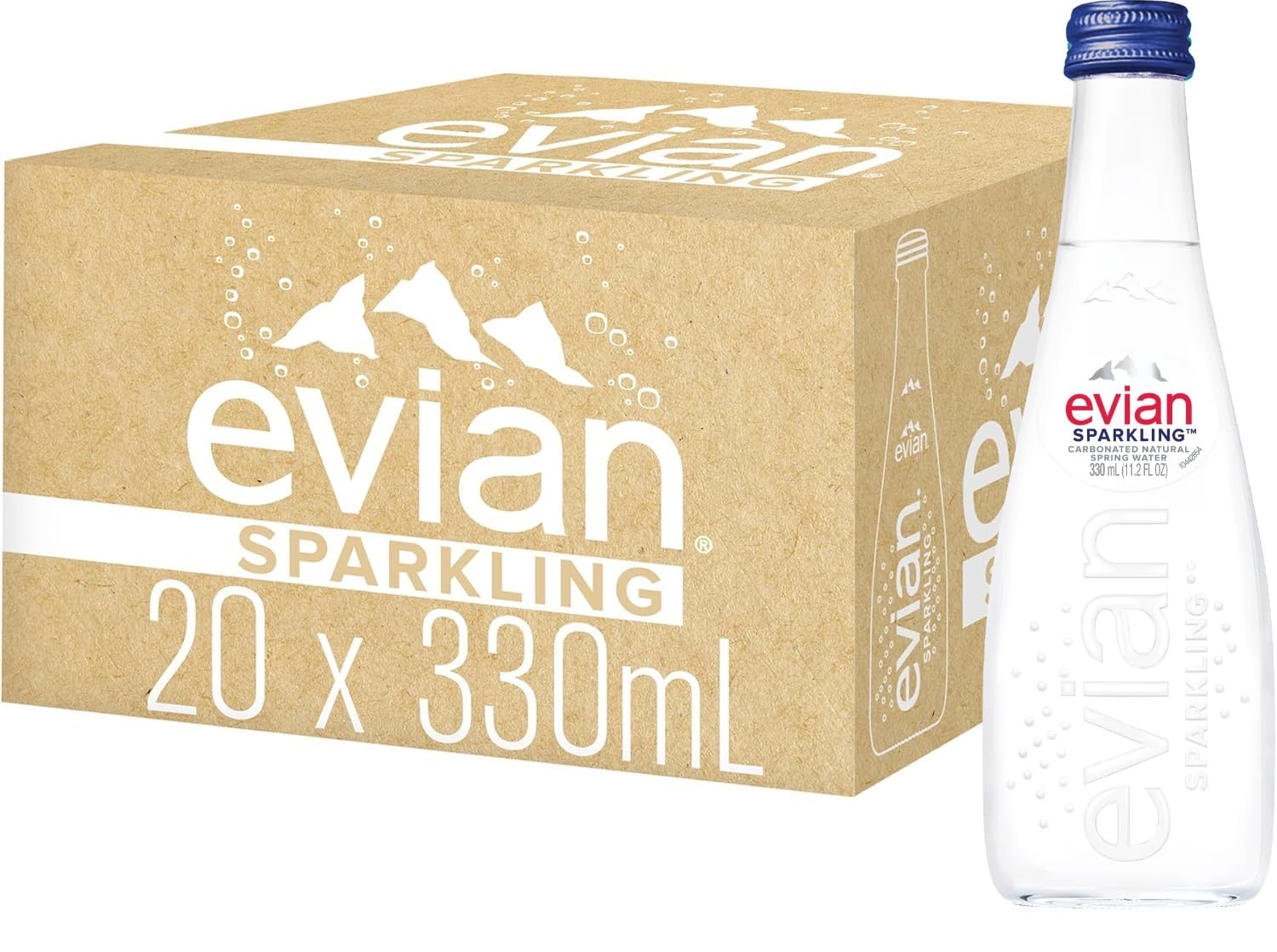 evian Sparkling Carbonated Natural Water 330ml Glass Bottle, Case of 20 Bottles