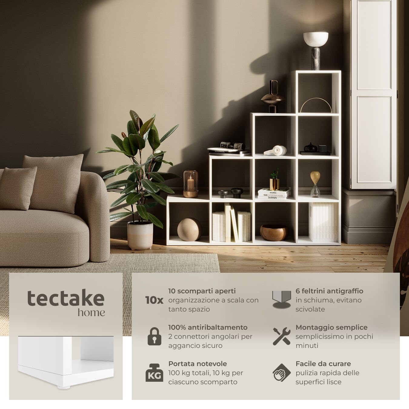 tectake® Libreria Moderna con 10 Scomparti, 130x130x29 cm, Design a Cubo, Protezione Ribaltamento, Libreria Scaffale, 10 Scaffali, Antiscivolo, Soggiorno, Ufficio, Cameretta - Bianco