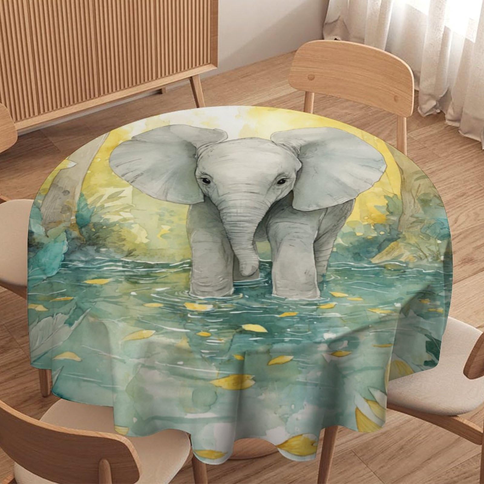 LUYYSKY Fantasy Watercolor Baby Elephant Round Tablecloth Colorful Classic Tropical Jungle Animal Elephant Floral Washable Decor for Table Cover for Kitchen-127 Wx127 L cm