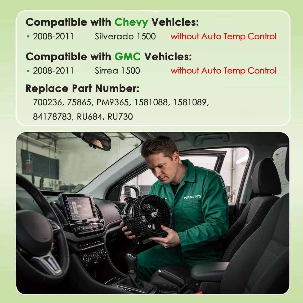 HVAC Heater Blower Motor and Resistor Kit Compatible with Chevy and GMC Vehicles - Silverado 1500 2008-2011, Sirrea 1500 2008-2011 - Replace# 700236 RU730,w/o ATC