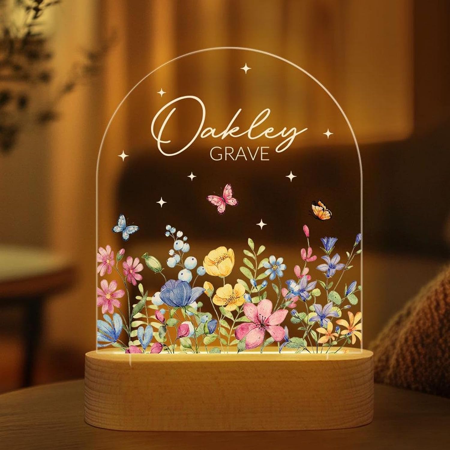 Custom Floral Butterfly Name Night Light, Personalized Flower Garden Acrylic LED Lamp for Nursery Decor, Bedroom Bedside Light for Girls, Birthday Gift for Her and Baby Shower Keepsake