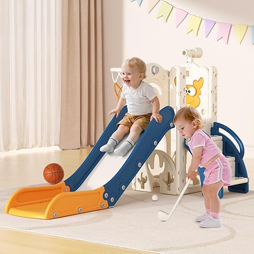 BIERUM Tobogán para niños pequeños, 6 en 1, para interiores y exteriores, con aro de baloncesto, juego de golf y telescopio, juego de escalador en