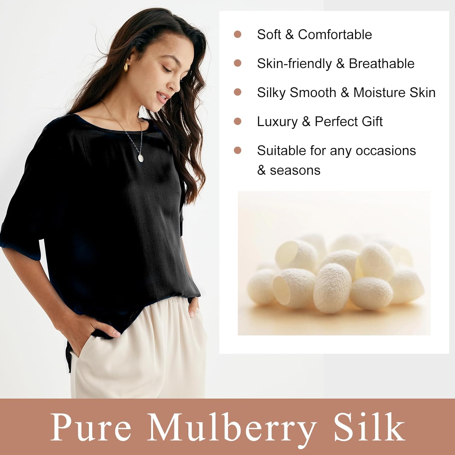 Women's Silk T-Shirt Loose Fit Tee: Summer Casual Short Sleeve Round Neck Tshirts Beach Outfits Cute Tops - Image 4