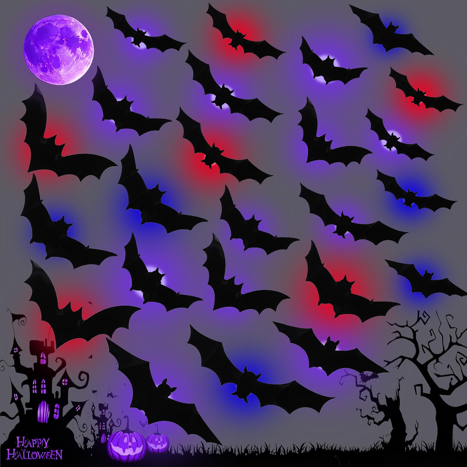 24PCS LED Halloween Bats Decorations 3D Luminous Halloween Wall Decorations