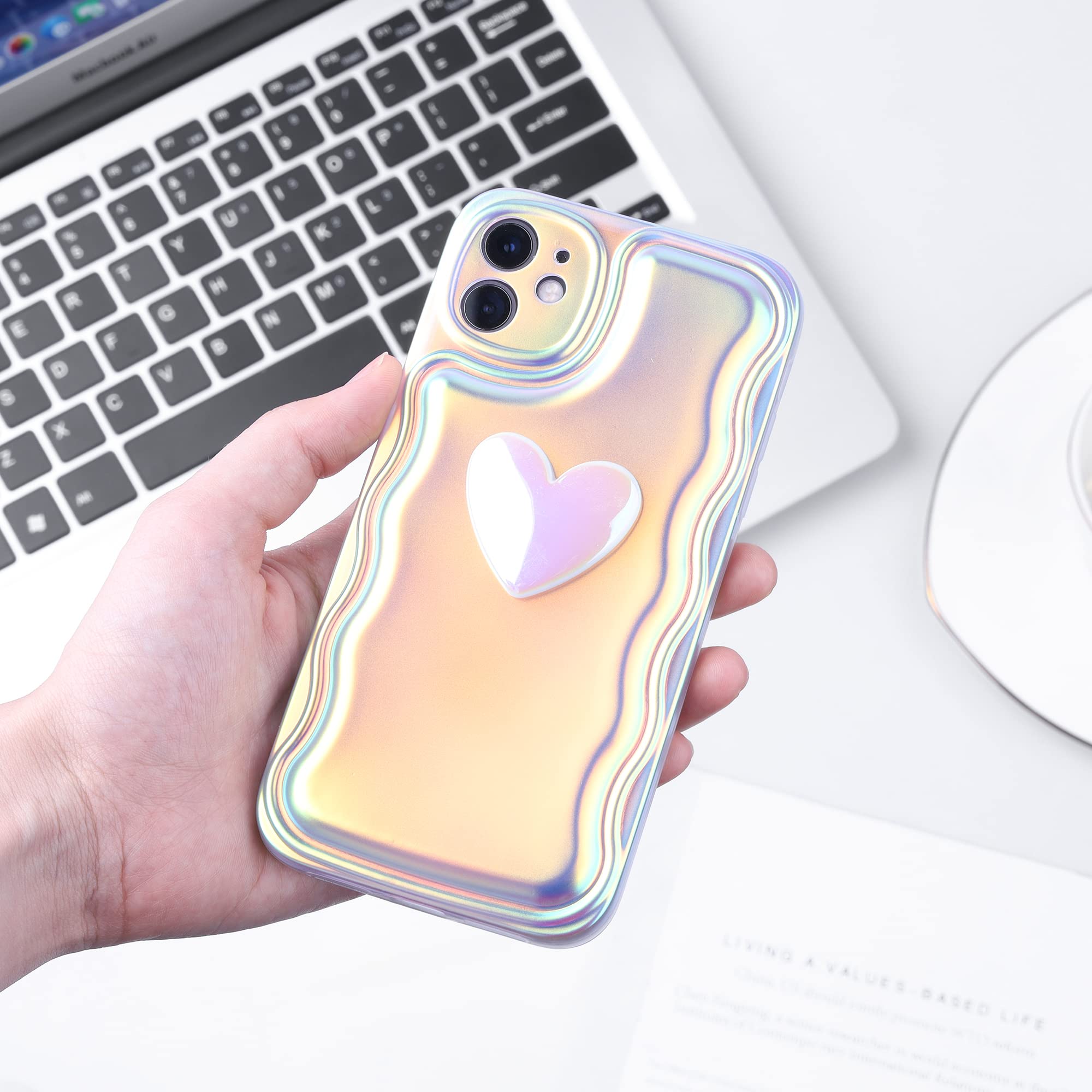 JiuWang Funda iPhone 12 Pro Rosa Iridescente, Corazón 3D & Borde Ondulado, Carcasa IMD PC AntiGolpes, Diseño Kawaii Cute para Mujer y Niña - 4