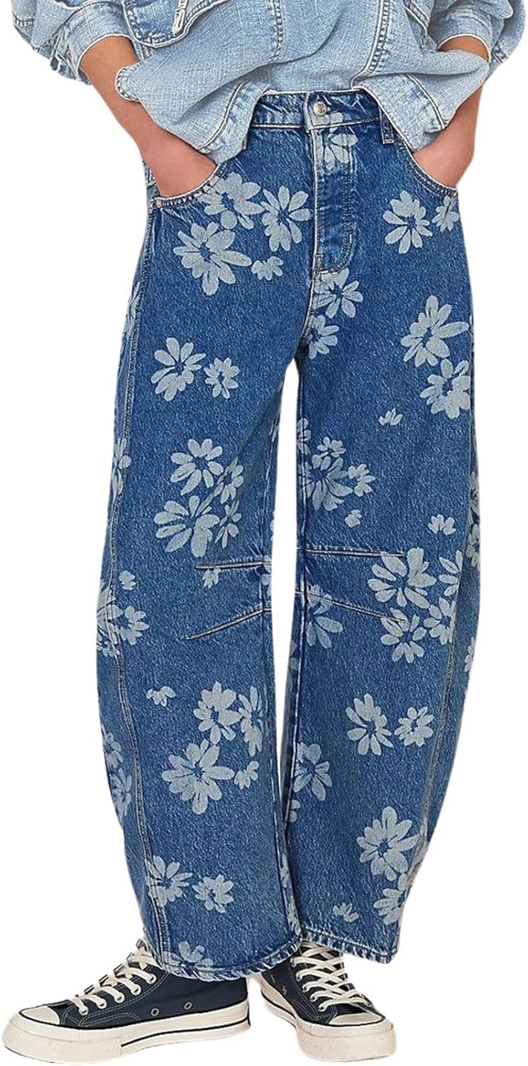 CHARTOU Floral Barrel Jeans Women Y2k Baggy Wide Leg Pants Patchwork Boyfriend Cargo Printed Denim Jeans