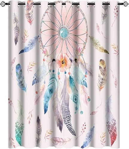 Cortinas de acuarela estilo bohemio, atrapasueños, vintage, colorido, exótico, plumas hippie, atrapasueños, aislamiento térmico, reducción de ruido