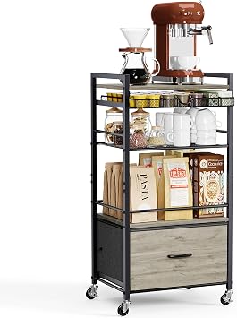 Coffee Bar Cabinet with Storage,5 Tier Coffee Station Table on Wheels, 33.6" H Cart with Drawer for Home Kitchen, Liquor Buffet Sideboard Cabinet Black