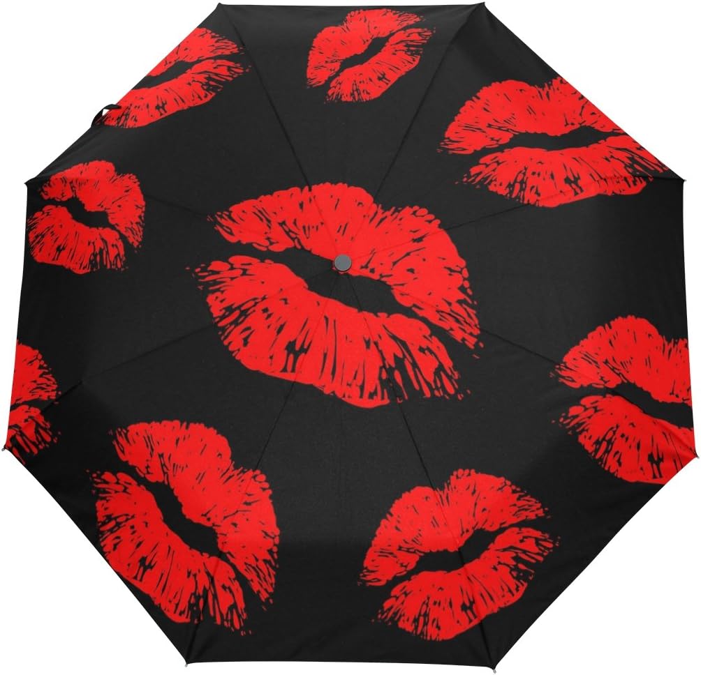 ALAZA Red Kiss Lip Valentines 3 Folds Auto Open Close Anti-UV Umbrella