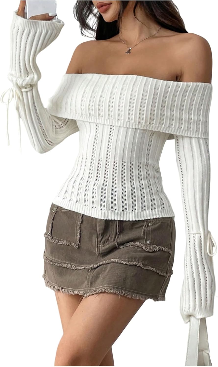 WDIRARA Women's Off The Shoulder Sweater Bell Long Sleeve Peplum Top