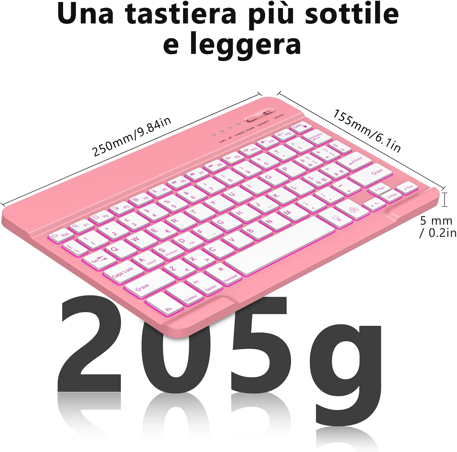 HZD Wireless Bluetooth Keyboard with dimensions and weight indicated.