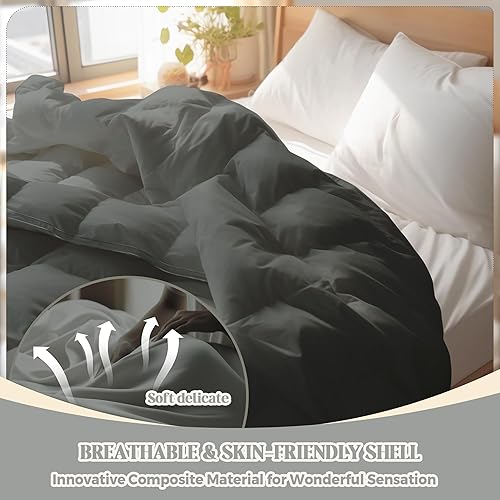 Miniatura 10 de puredown Edredón de plumas de ganso gris, tamaño King, relleno de edredón para todas las estaciones, diseño reforzado, ultra suave, sin ruido,