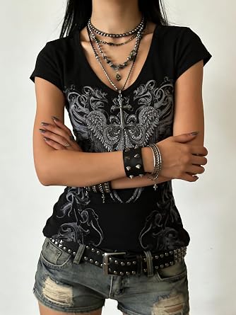 Women Y2k Clothes Grunge Shirts Emo Goth Vintage 2000s Tops Short Sleeve Graphic Tees Alt Punk Scene Clothing