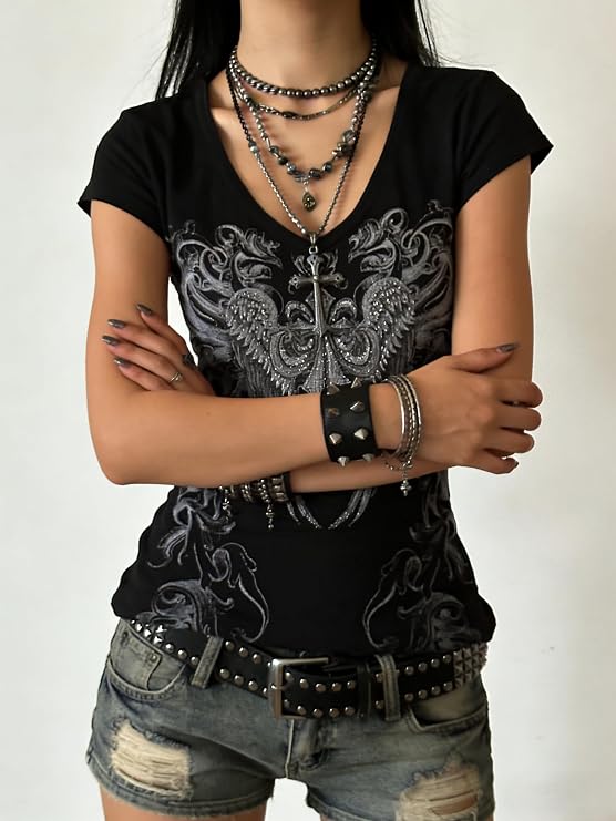 Women Y2k Clothes Grunge Shirts Emo Goth Vintage 2000s Tops Short Sleeve Graphic Tees Alt Punk Scene Clothing