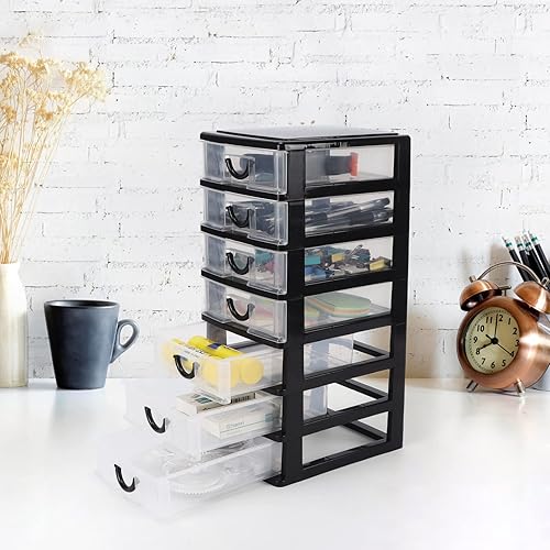 Miniatura 8 de Rempry Mini organizador de plástico con 7 cajones transparentes, 7.1 x 5.1 x 13.2 pulgadas, contenedores pequeños de almacenamiento para escritorio,