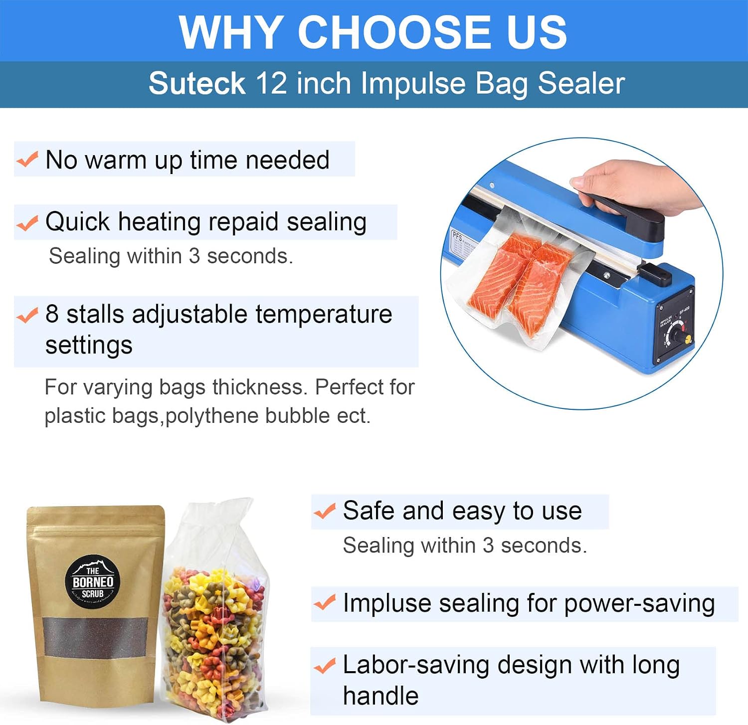 Suteck 12 inch Impulse Bag Sealer, Manual Poly Bag Sealing Machine w/Adjustable Timer Electric Heat Seal Closer with 50Pcs 4X6 Inch Shrink Wrap Bag and 2 Free Replacement Kit (Sapphire)