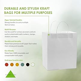 Prime Line Packaging White Paper Bags, Kraft Gift Bags with Handles for Small Business, Shopping, Take-out Goodies, Bistro, Boutique, Bulk, 10x6.75x12, 50 Pack