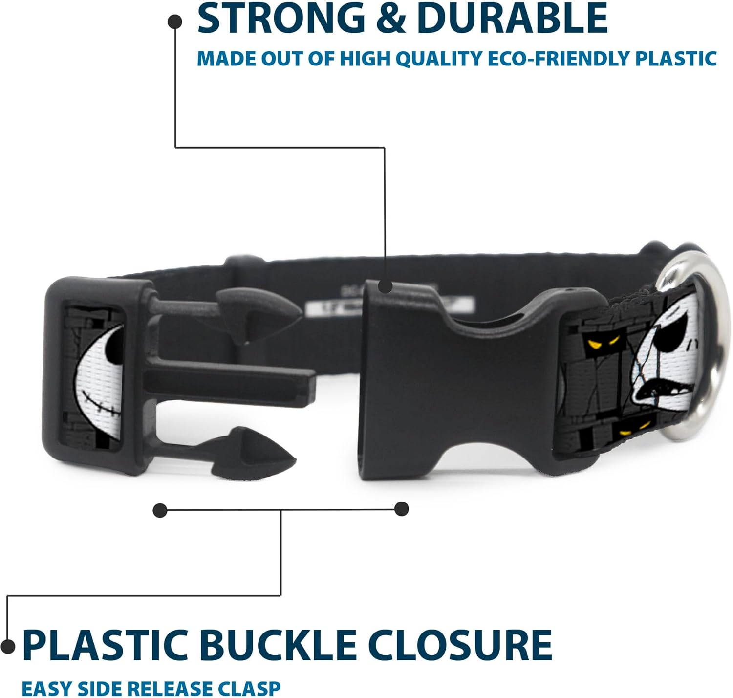 Dog Collar Plastic Clip Nightmare Before Christmas Jack Expressions Gray 13 to 18 Inches 1.5 Inch Wide