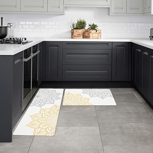 Miniatura 4 de COLORSUM Juego de 2 alfombras y tapetes de cocina abstractos de dalia con estampado floral amarillo y gris blanco antideslizantes con tapete cómodo