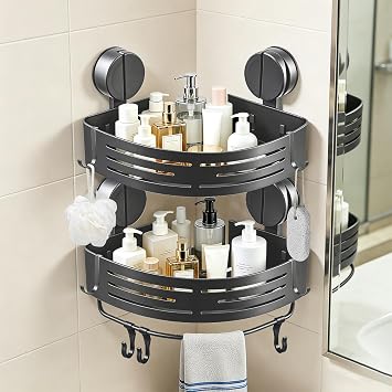 2Pcs Corner Shower Caddy, No Drilling Suction Cup Bathroom Corner Shelves, Shower Storage Shelf with Towel Bar & Hooks, for Bathroom Kitchen Vanity & Shampoo, Razors, Spice Bottles