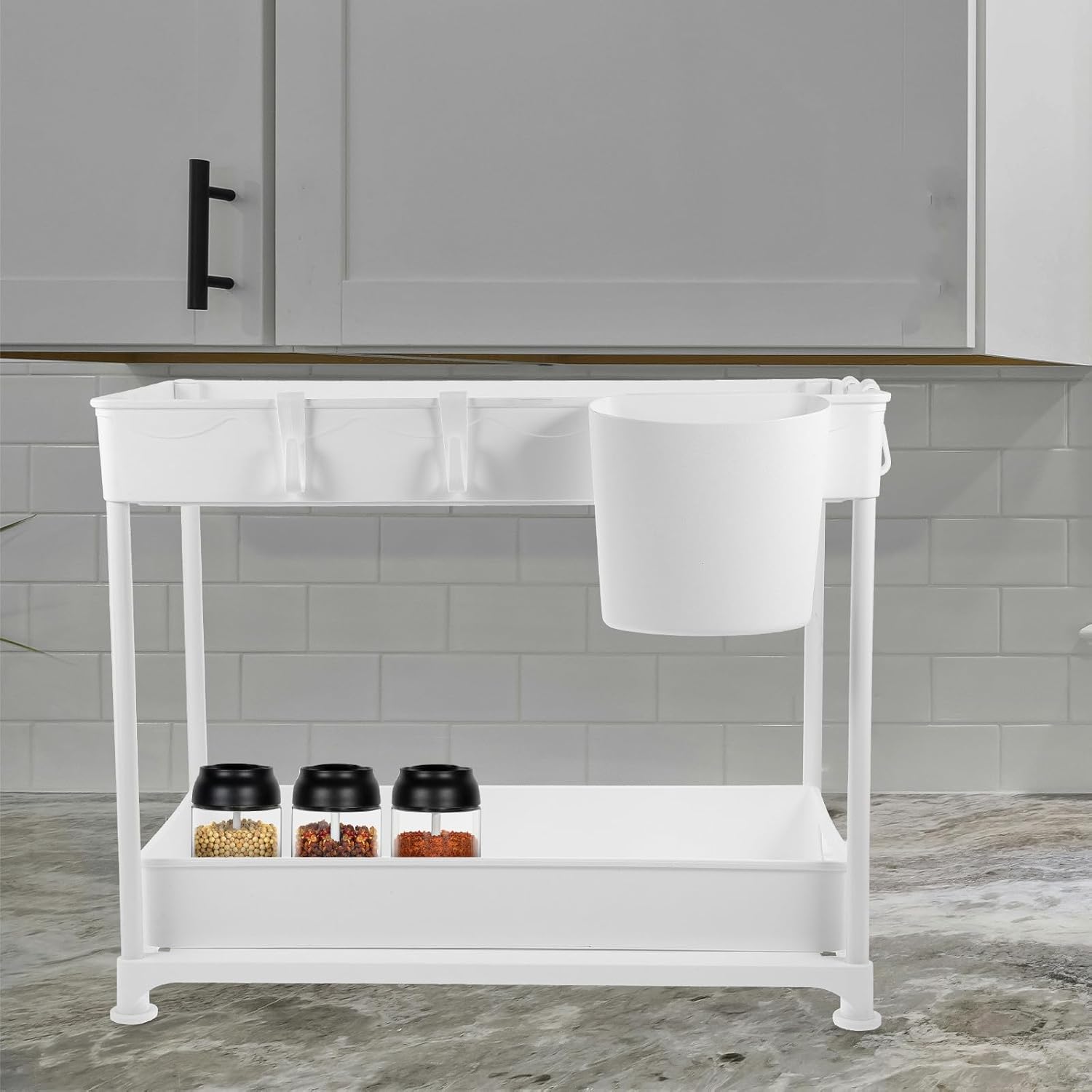 UPKOCH Pull-out Cabinet Organizer 2-tier Kitchen Storage Holder under Sink Drawer Rack for Home Supply and Spice Jar Holder, White Telescopic Shelf for Bathroom and Pantry