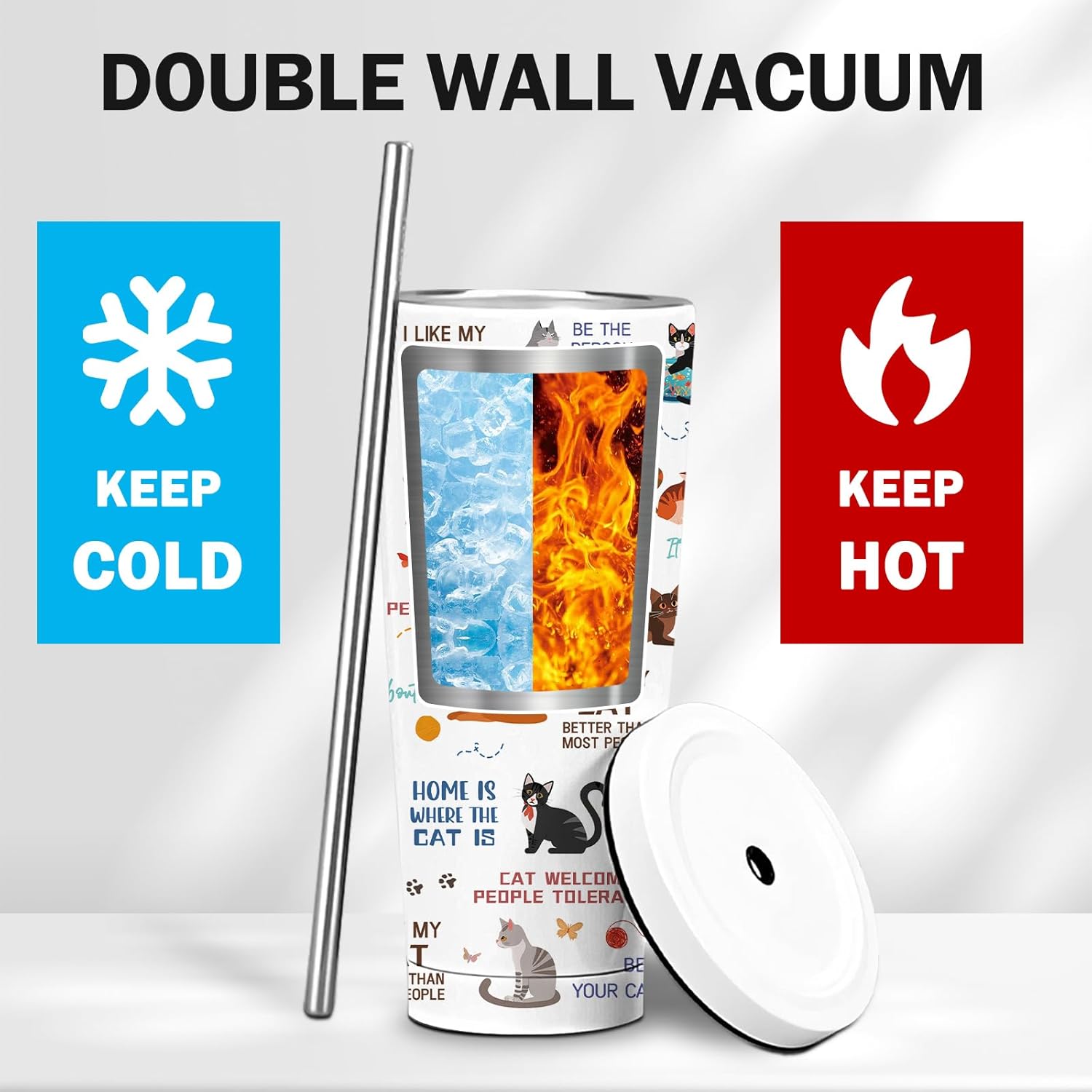 Cat Gifts for Women, 24 oz Insulated Tumbler with Lid and Straw, Stainless Steel Water Bottle, Coffee Cups Travel Mug for Her Cat Lovers(1PCS) - Image 4