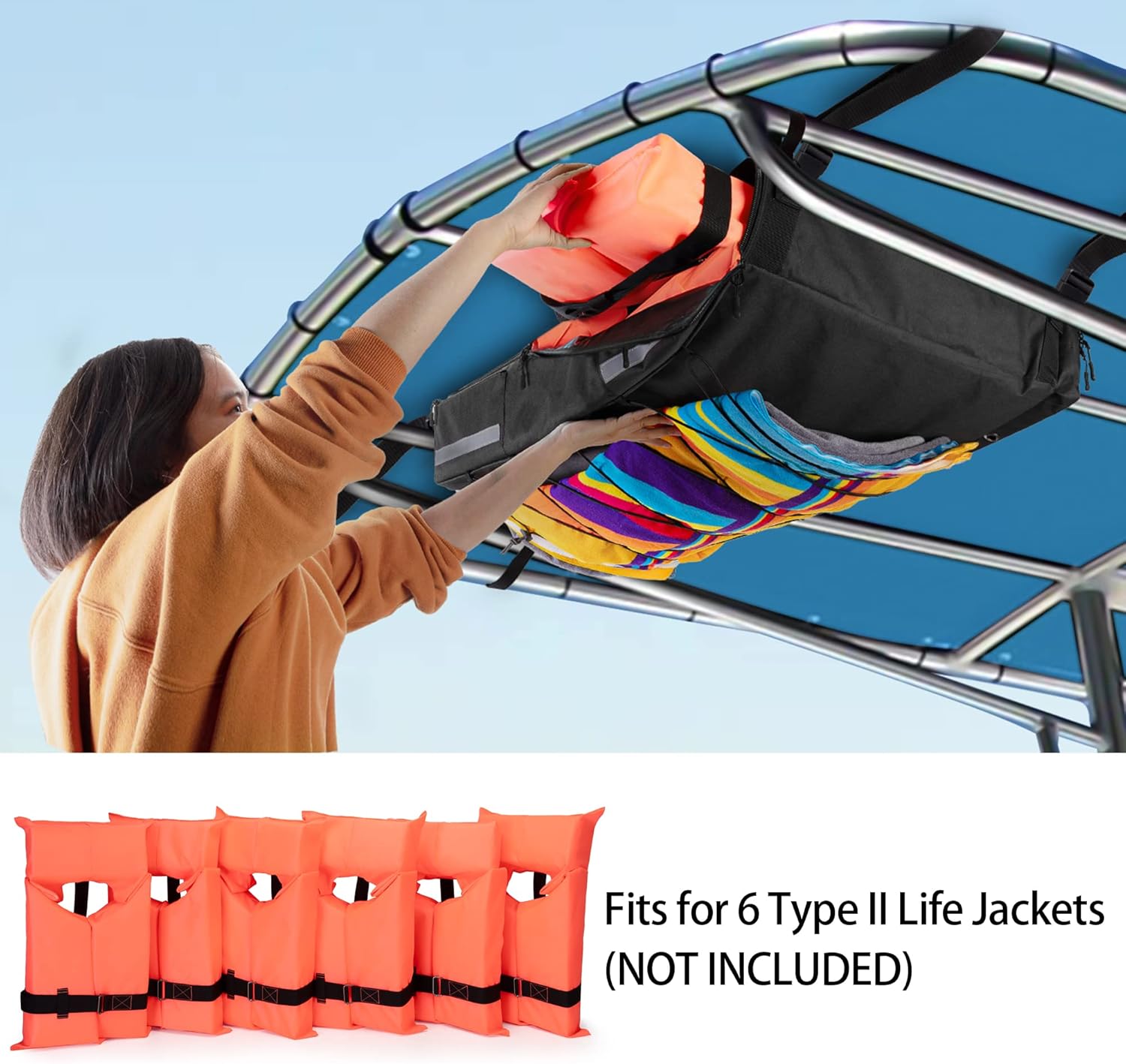 Fasrom T-top Storage Bag for Boat Life Jackets, Holds up to 4/6 Type II Life Jackets, Black (NOT INCLUDES LIFE JACKETS)