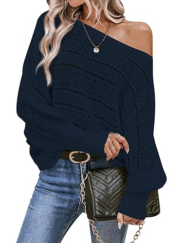 Cakulo Womens Off Shoulder Sweater Top Fall 2025 Oversized Knit Batwing Long Sleeve Crochet Pullover Sweaters Navy Blue XL