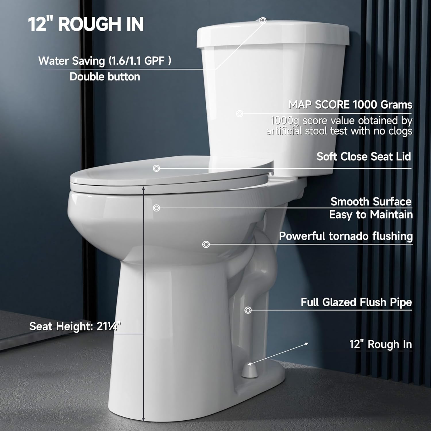 Miuara Elongated Extra Tall Toilet 21 Inch for Seniors 1.1/1.6 GPF Tornado Dual Flush - Two Piece Comfort High Toilet for Bathroom, 20.5 Inch Bowl Height, 21.25 Inch Seat Height, 12" Rough In, White