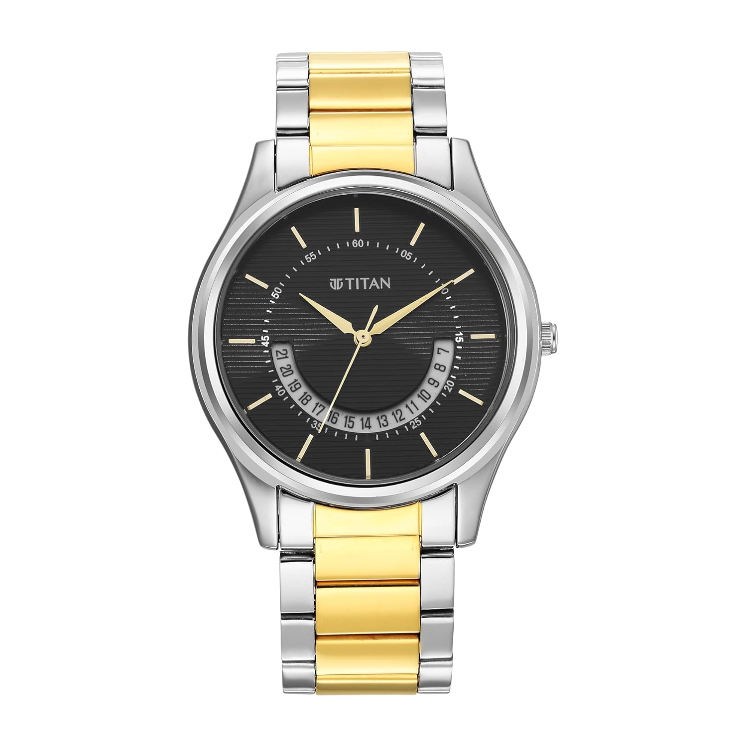 Titan Karishma Quartz Analog with Date Black Dial Two Toned Silver & Gold Metal Strap Watch for Men – NT1713BM02