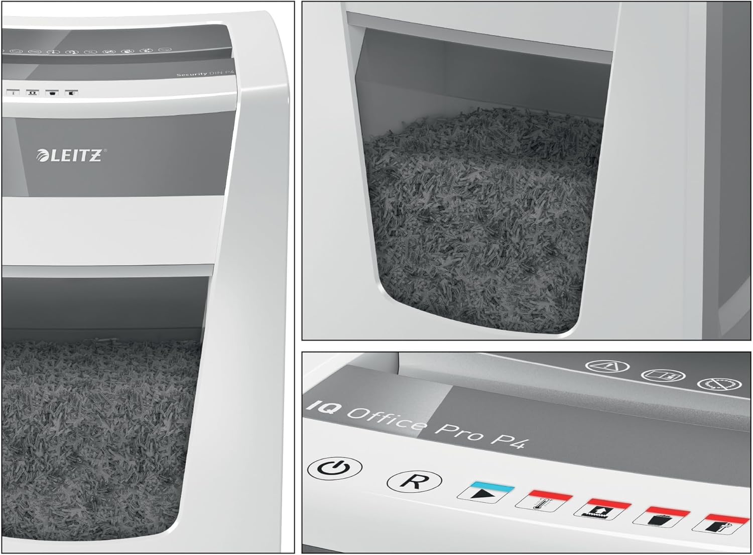 Close-up view of the Leitz IQ Office Pro Shredder's control panel and waste bin window