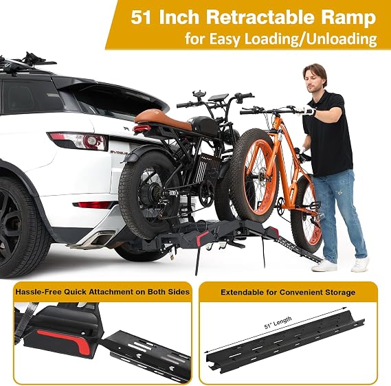 Ebike Rack with Ramp for 2 E-Bikes 200 lbs Capacity Fits 5 Fat Tire, Hitch Bike Rack for Cars SUVs Trucks with 2 Receiver, Foldable Tilting Locking No Assembly Needed E-Bike Platform Carrier