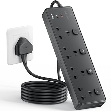 Extension Lead with 3 USB SlotsPD30W,4 Way Sockets Outlets Ports Extension Cable with 4 Individual Switches Surge Protected,Wall Mountable Extension Socket for Home,Office,School,3M,Black