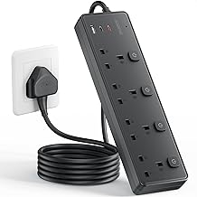 Extension Lead with 3 USB Slots(30W),4 Way Sockets Outlets Ports Extension Cable with 4 Individual Switches Surge Protected，Wall Mountable Extension Socket for Home,Office,School,3M,Black