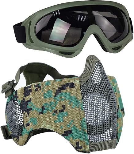 Miniatura 16 de AOUTACC Airsoft - Juego de equipo de protección, máscara de malla de media cara con protección para los oídos y gafas tácticas para adultos, hombres