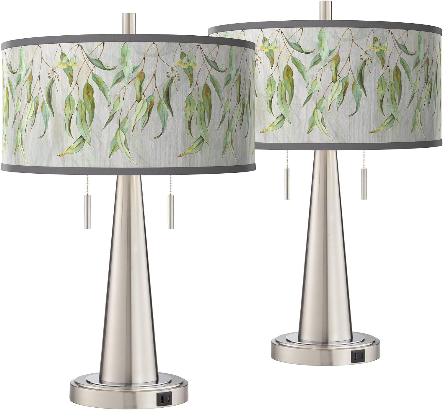 Giclee Glow Eucalyptus Vicki Brushed Nickel USB Table Lamps Set of 2 with Print Shade