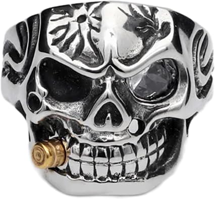 Metal Masters CO. Casted Stainless Steel Skull Ring 1.5Ct Cubic Zirconia & Bullet Halloween