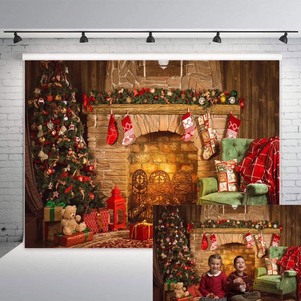 RUINI Christmas Fireplace Backdrop Christmas Theme Red Blanket Gifts Tree Warm House Photo Backdrop 7x5FT