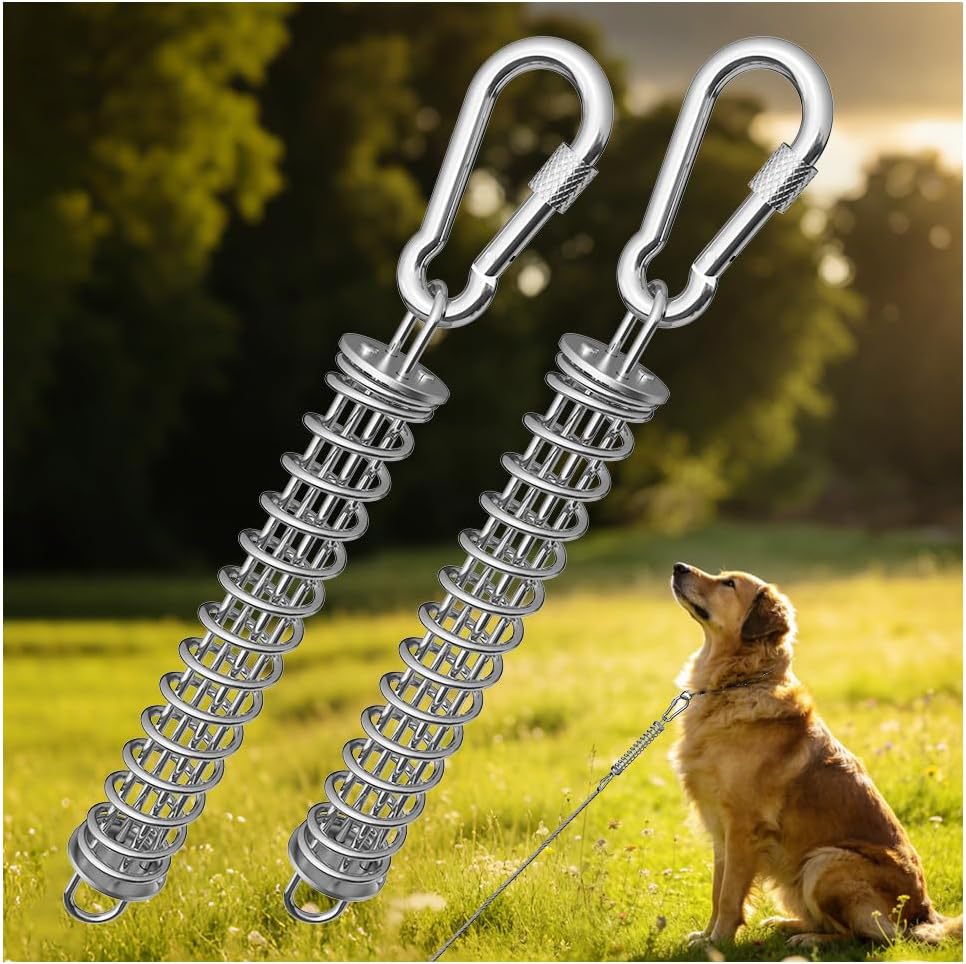 Heavy Duty Dog Tie Out Chain with Spring for Yard, 304 Stainless Steel 4MM Chew Proof Metal Leash for Large Dogs, 200lbs Shock Absorbing Dog Runner Cable (1 Spring+Chain/25ft)