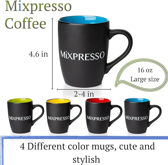 Mixpresso 4 Piece Mug Set, 16 Oz Coffee Mugs with Large Handle For Hot or Cold Drinks, Colorful Ceramic Coffee Mug Set For Coffee, Tea, Cappuccino, Milk, Cocoa, Cereal. Black and Colors Mugs