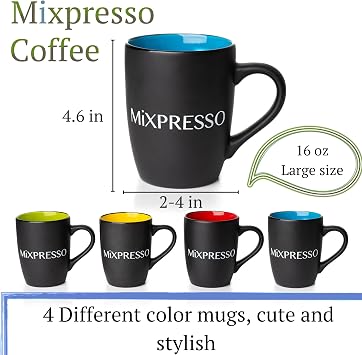 Mixpresso 4 Piece Mug Set, 16 Oz Coffee Mugs with Large Handle For Hot or Cold Drinks, Colorful Ceramic Coffee Mug Set For Coffee, Tea, Cappuccino, Milk, Cocoa, Cereal. Black and Colors Mugs