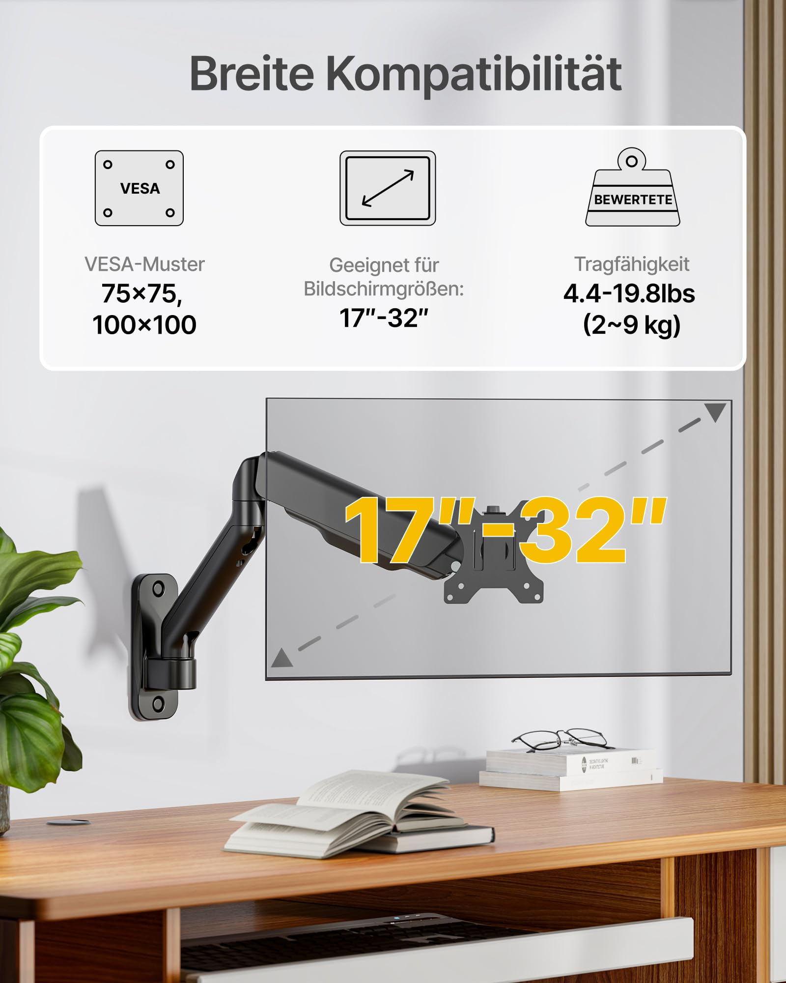 monTEK Monitor Wandhalterung für 17-32 Zoll LED/LCD Bildschirm bis 9 kg, Schwenkbare und Neigbare Monitor Arm, Monitor Halterung mit Höhenverstellbar, VESA 75/100