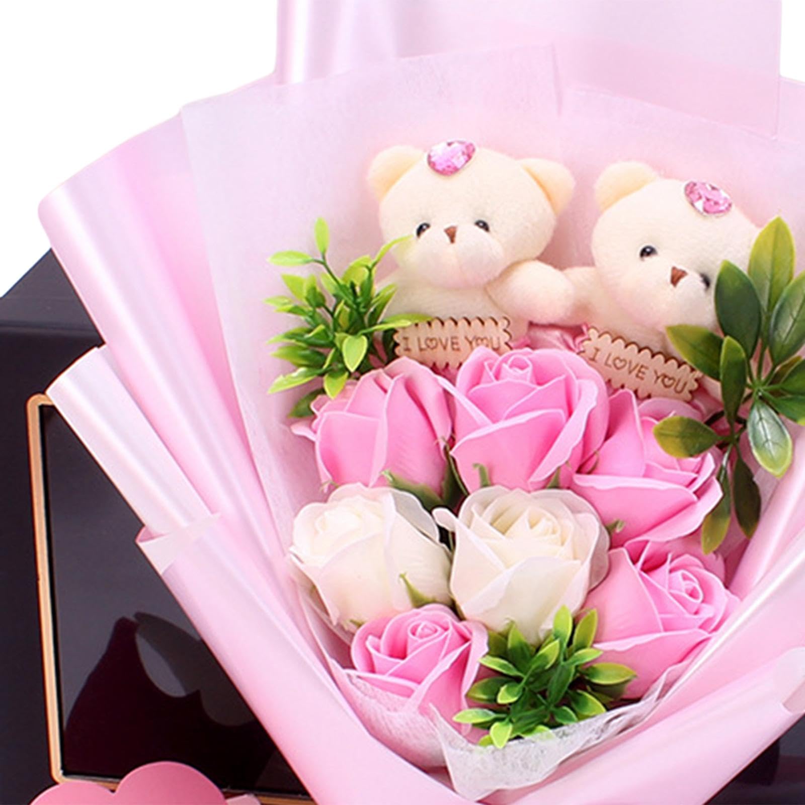 Bouquet de Fleurs Savon Bouquet Floral Artificiel Arrangement Floral avec Ours En Peluche Décoration Fête Anniversaire Adapté pour Salon Chambre Table, rose