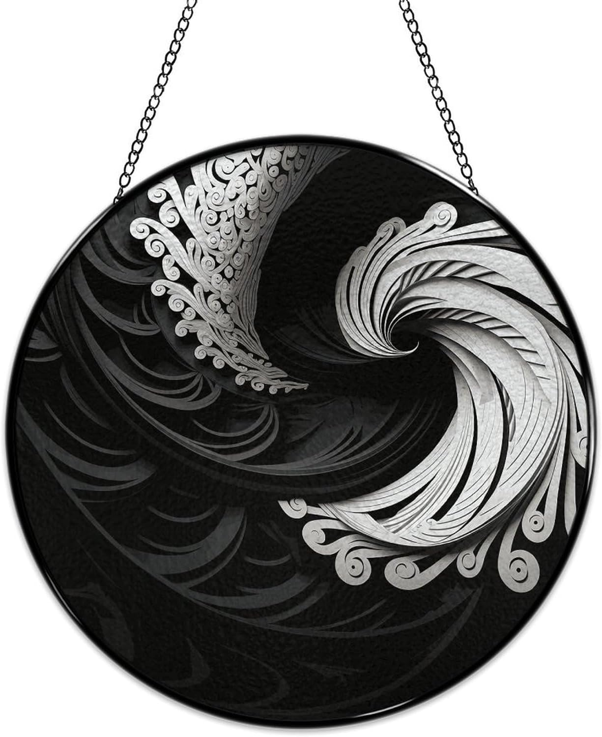 Stained Glass Window Hanging 30x30cm Window Suncatcher Glass Panel with Metal Chain Black and White ImageSun Catchers Wall Art Home Decor Gift for Women Mother's Day