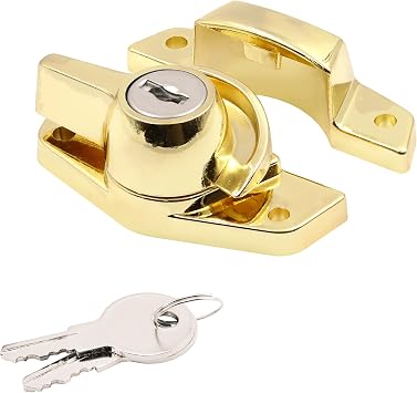 Prime-Line U 9927 Keyed Sash Lock, Child-Proof Security Lock Only Unlocks w/ Key, For Aluminum, Vinyl or Wood Double-Hung Windows, 2 Hole Centers, Heavy-Duty Zinc, Brass Plated Single Pack