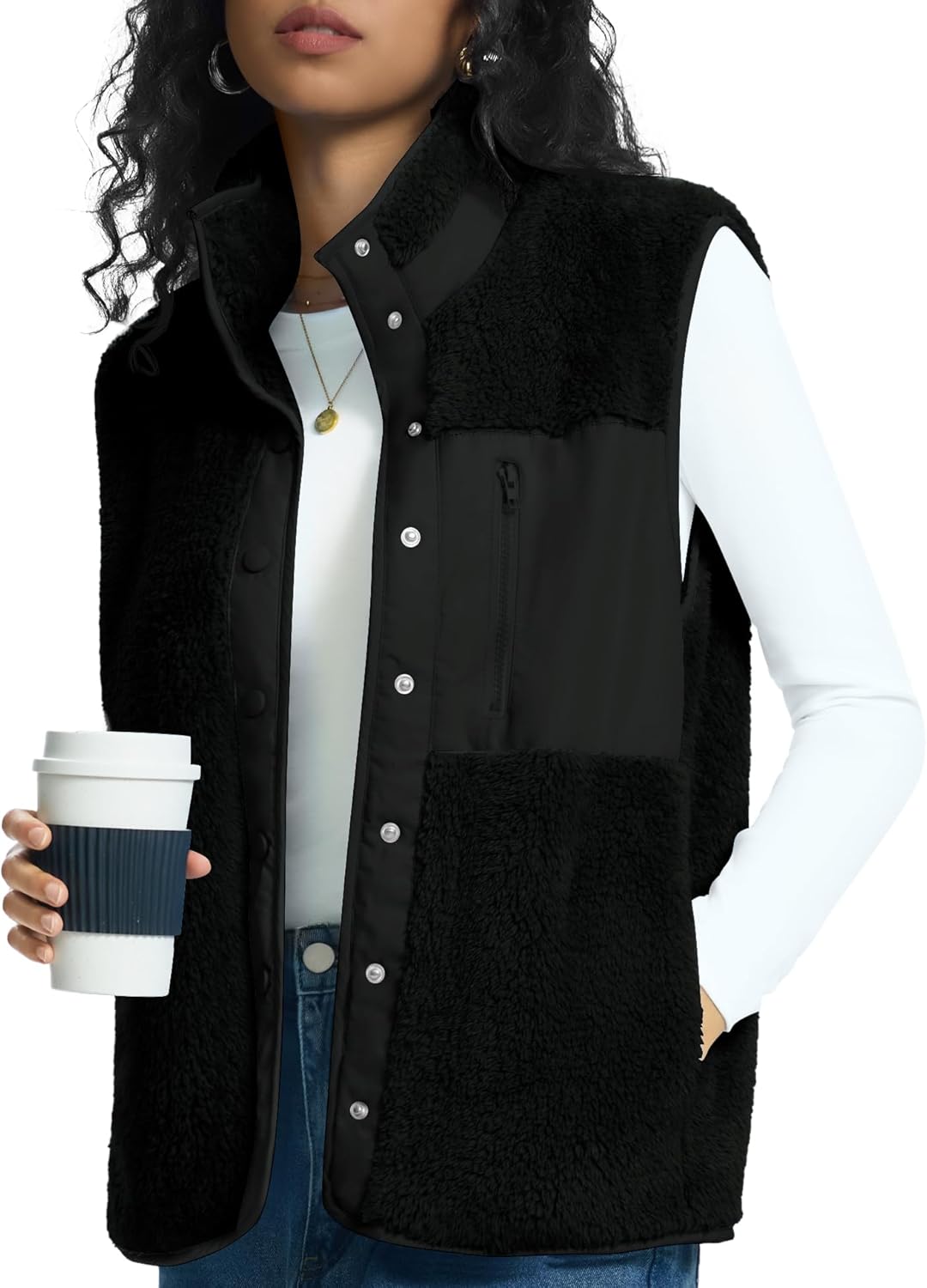 Rapbin Vests for Women Lightweight Stand Collar Sherpa Fuzzy Fleece Vest Buttoned Sleeveless Jackets with 3 Pockets