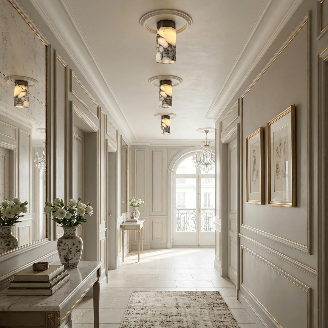 Minimalistyczna luksusowa lampa sufitowa w stylu kamienia, elegancki ekran cylindryczny ze sztucznym marmurem teksturą, wyrafinowany przezroczysty wzór kamienia, wpuszczana oprawa oświetleniowa do