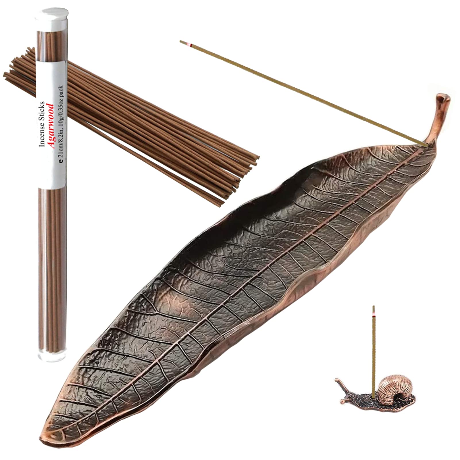 Alloy Lucky Leaf and Cute Snail Incense Holder Burner Ash Catcher Set, U-MATE Oriental Aroma Kodo, Incense Stick Holder Burner, for Decor Meditation Room Home Office Yoga SPA, Color: Bronze