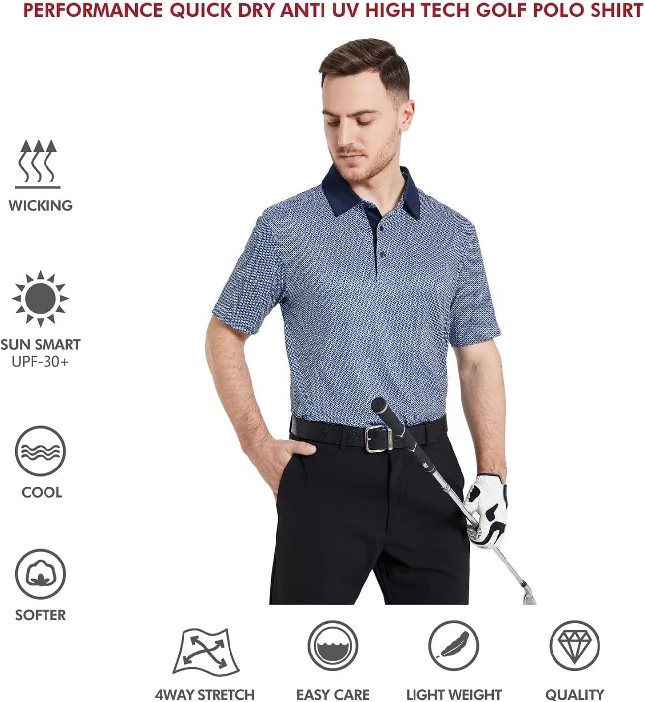 Golf Shirts for Men Dry Fit Short Sleeve Print Performance Moisture Wicking Polo Shirt - Image 5