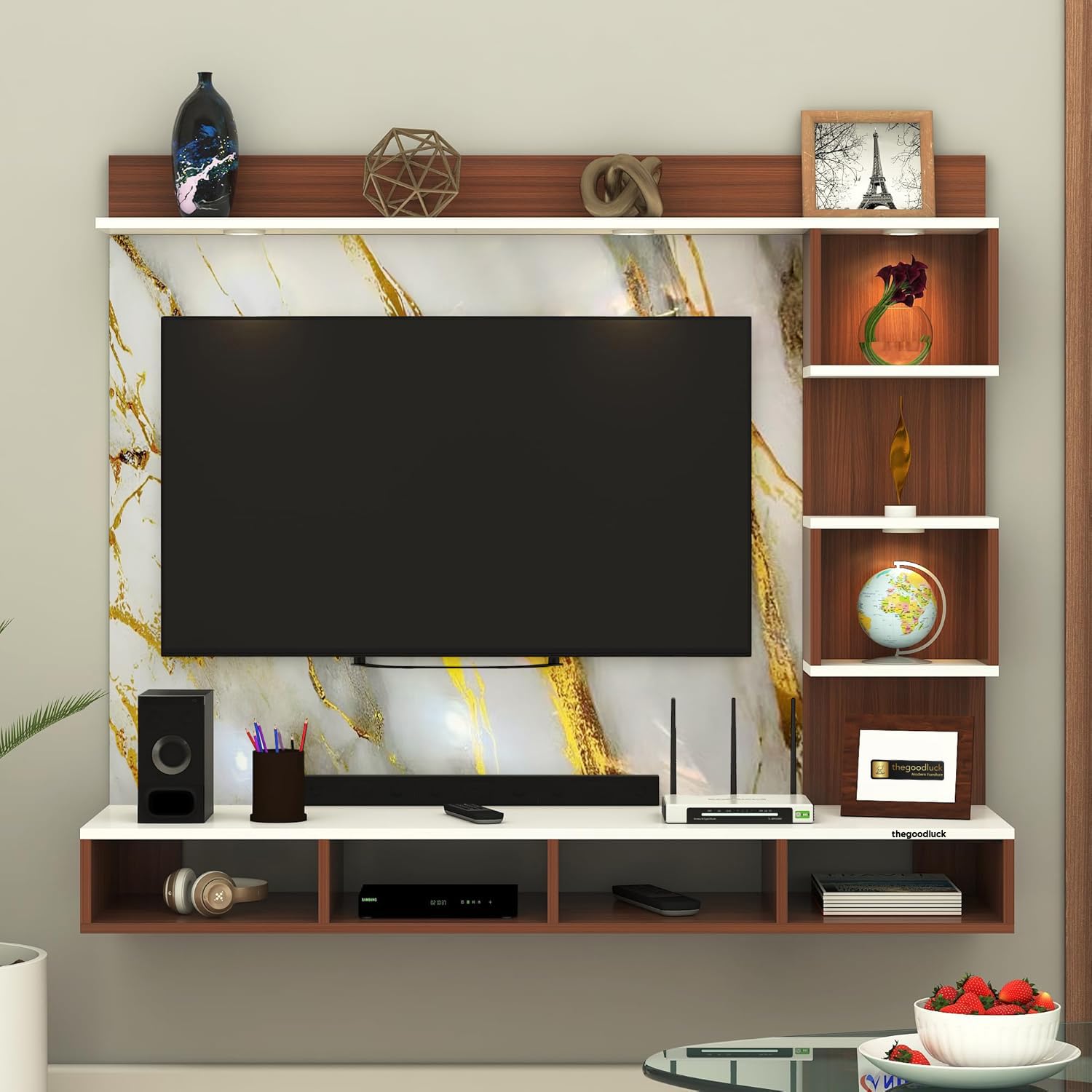 TV Cabinet for Bedroom 32 inch to 65 Inches Engineered Wood TV Entertainment Unit Back Side 3mm UPVC Self Adhsive Waterproof Sheet and Lights (White - Gold, 32-65 Inches, Without Fitting)-image-22
